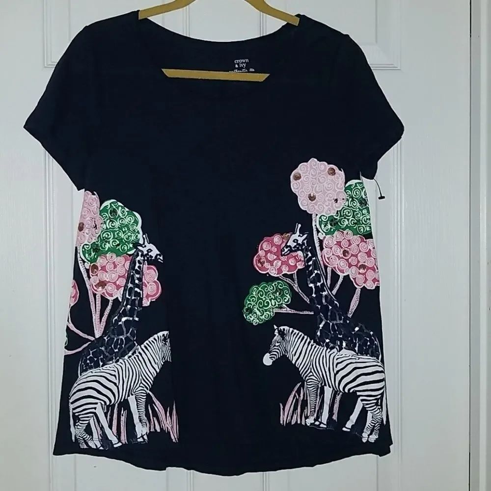Crown & Ivy zebra giraffe blue tee Sz S NWOT